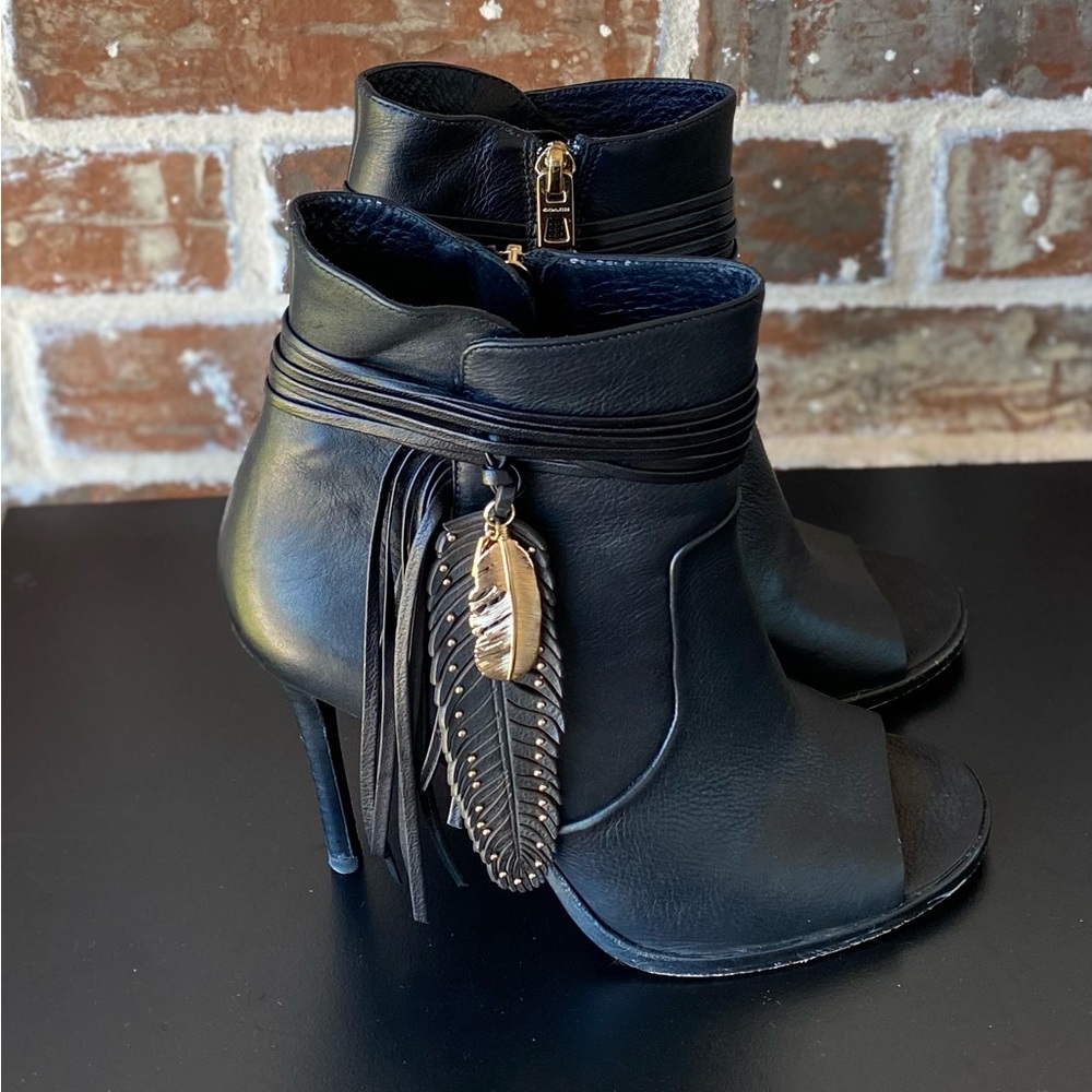 Coach Black Leather Peep-Toe Stiletto Ankle Boots with Feather Tassel